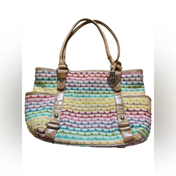 Woven Multicolor Straw Tote Bag Tan Faux Leather Handles Shoulder Purse - Picture 1 of 16